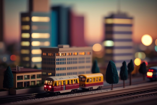 Una maqueta de tren con una ciudad al fondo
