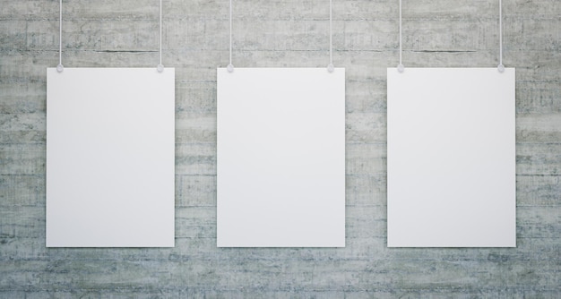Maqueta de tres carteles blancos en blanco colgados en una pared de ladrillo Concepto de promoción y publicidad 3d render