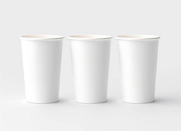 Foto maqueta de tres vasos de papel sobre un fondo blanco en el estilo