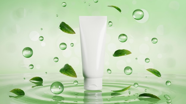 Maqueta de tubo blanco en blanco en elegante fondo verde belleza empaquetado para el cuidado de la piel render 3d