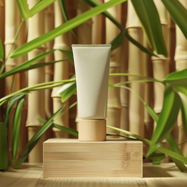 Maqueta de tubo cosmético con fondo de bambú