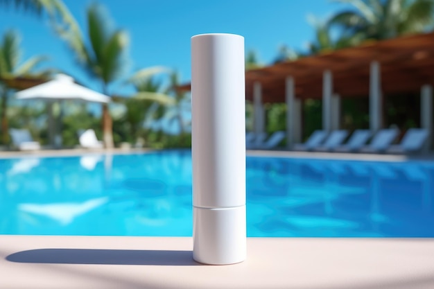 Una maqueta de un tubo de protector solar está cerca de la piscina con sillas de sol