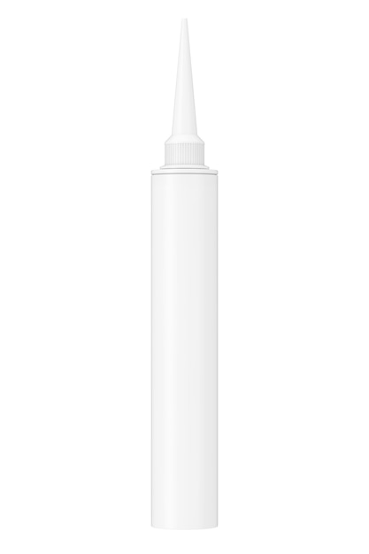 Maqueta de tubo de sellador transparente en blanco sobre un fondo blanco. Representación 3D