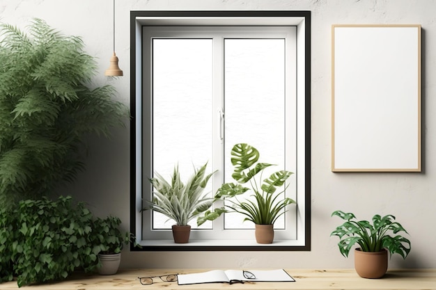 Maqueta de ventana llena de plantas