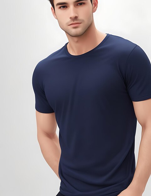 Maqueta de vista frontal de modelo de hombre de camiseta en blanco azul marino