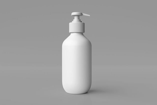 Foto maquetas de botellas cosméticas en blanco con tapa de bomba, aisladas en fondo gris, presentación 3d