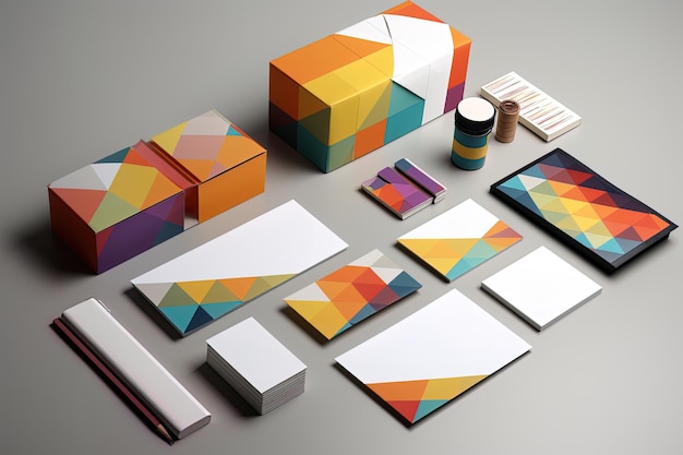 Foto maquetas con empaques de inspiración geométrica y tarjetas de presentación que contribuyen a la identidad de la marca.