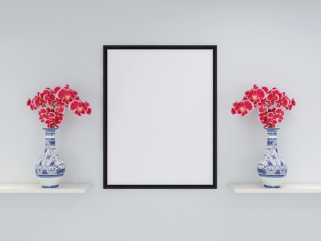 Maquetas de marcos de cuadros vacíos en la pared blanca Representación 3D del diseño de la sala de estar blanca