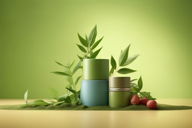 Maquetas de presentación de productos cosméticos de belleza en un ambiente acogedor con luz verde suave degradada