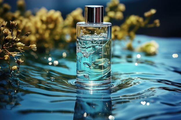 Maquetas de productos cosméticos con botella de suero de vidrio con colágeno sobre fondo de agua