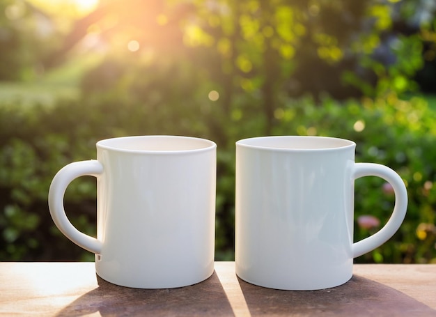 Maquetas de tazas de pareja blanca en blanco con fondo natural