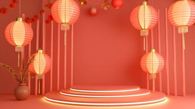 Maquete 3d fundo de pódio vermelho de vendas do ano novo chinês para apresentação do produto