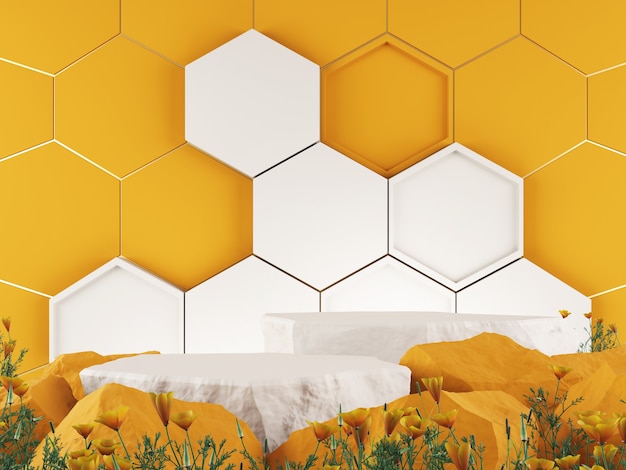 maquete 3d fundo padrão hexgonal conceito de tom de cor de mel renderização em 3D