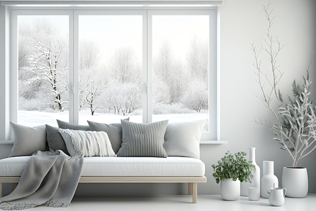 Maquete branca de uma moderna sala de estar com um sofá e uma decoração escandinava com vista para o inverno