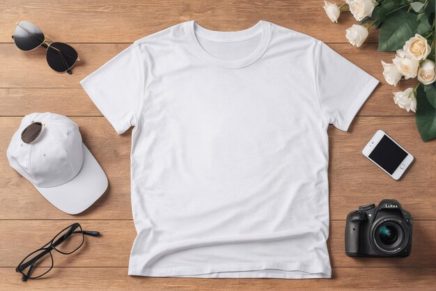 maquete de camiseta blanca con espacio de copia en un fondo simple