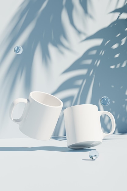 Foto maquete com caneca branca, xícara de chá ou café em fundo azul de verão tropical, modelo em branco para seu projeto, branding, negócios. renderização 3d