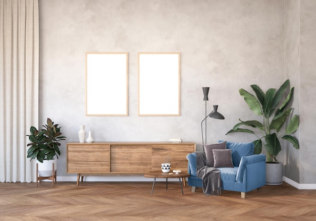 Foto maquete da moldura da sala de estar com poltrona azul e suporte para tv de madeira