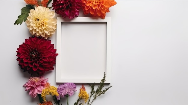 Maquete da moldura decorada com flores da primavera espaço limpo para texto em fundo branco