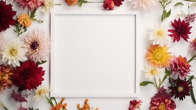 Maquete da moldura decorada com flores da primavera espaço limpo para texto em fundo branco