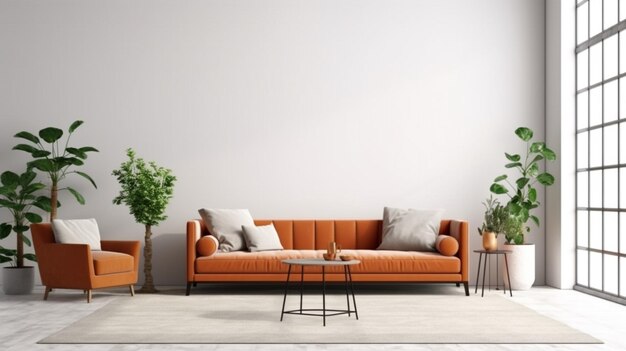 Maquete da parede da sala de estar interior com sofá de couro e decoração em fundo branco Generative AI