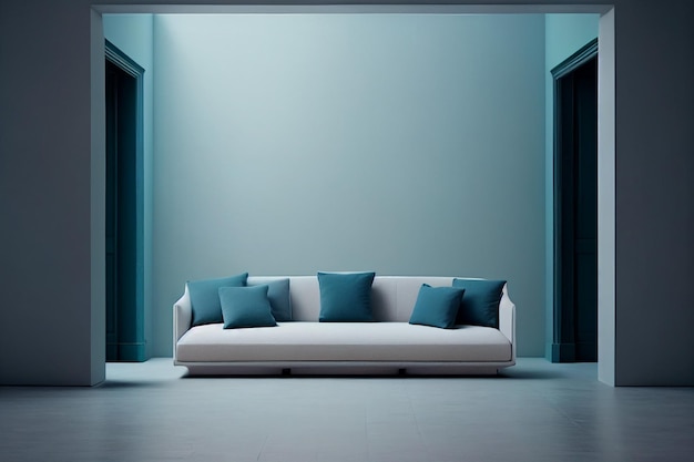 Maquete da parede da sala de estar interior com sofá e almofadas espaço de cópia negativa interior moderno acima da IA generativa