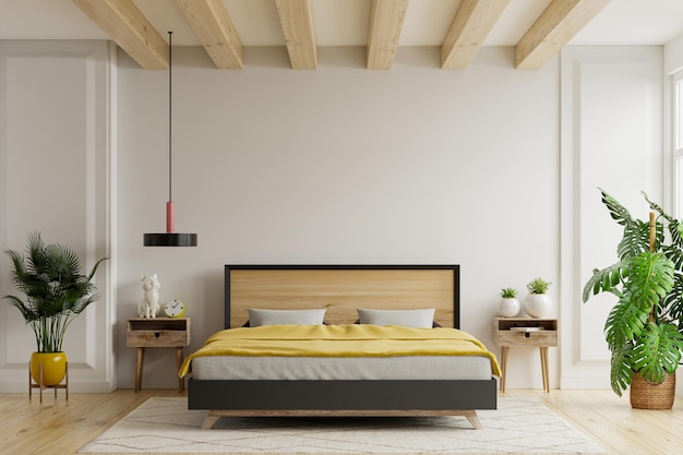 Foto maquete da parede do interior da casa com cama desfeita em estilo minimalista, maquete da parede branca, renderização em 3d