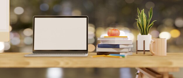 Maquete da tela em branco do laptop na mesa sobre a luz desfocada do bokeh na renderização 3d de fundo