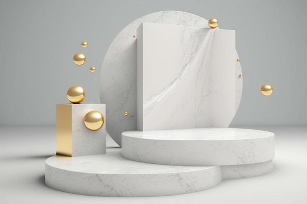 Maquete de apresentação de produto branco e dourado Pódio de mármore com espaço para cópia Showroom de exibição de palco Cena vazia IA generativa