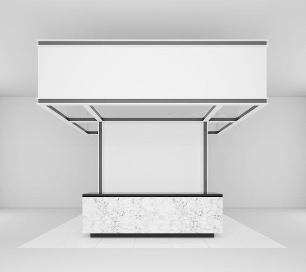 Maquete de cabine com balcão de mármore branco e piso branco. Renderização 3d