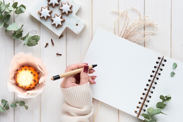 Maquete de caderno de inverno com galhos de eucalipto luz de chá laranja natural com cravo