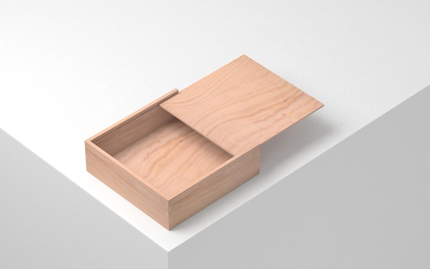 Foto maquete de caixa de madeira quadrada aberta, embalagem de caixão. renderização 3d