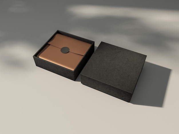Maquete de caixa preta quadrada com papel de embrulho dourado na mesa branca com sombras, renderização em 3d