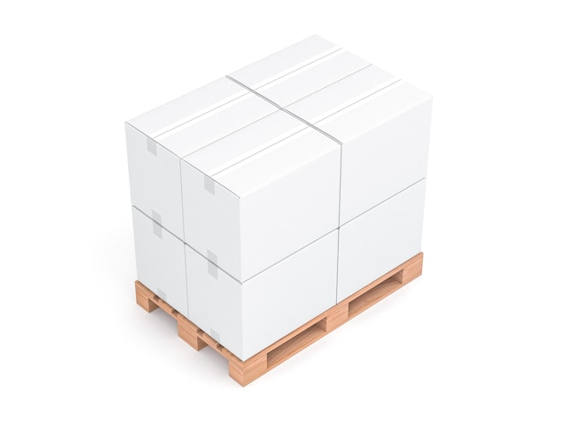 Maquete de caixas de papelão branco na palete euro de madeira isolada em renderização 3d de fundo branco