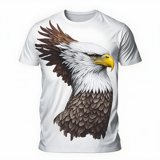 Foto maquete de camisa branca com estampa de águia nas cores marrom branco e amarelo