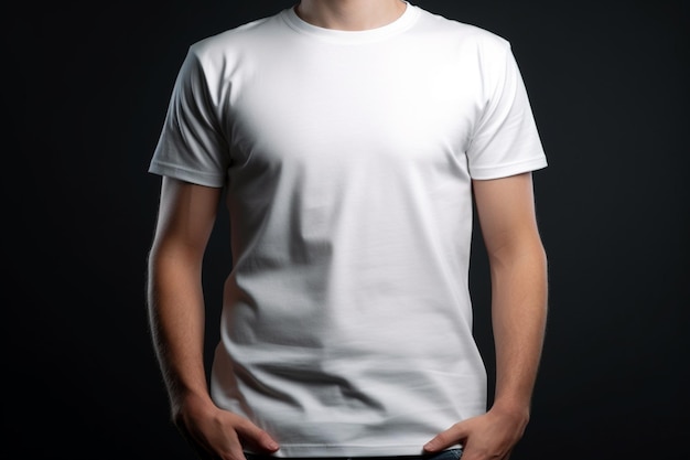 Maquete de camiseta branca em branco no corpo do homem isolado no fundo preto