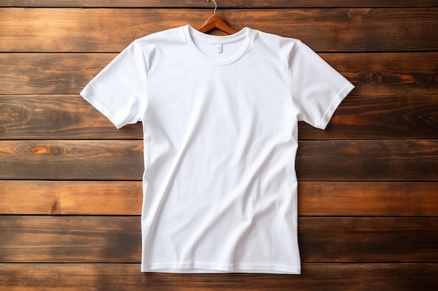 Maquete de camiseta branca em branco sobre fundo de madeira Generative AI