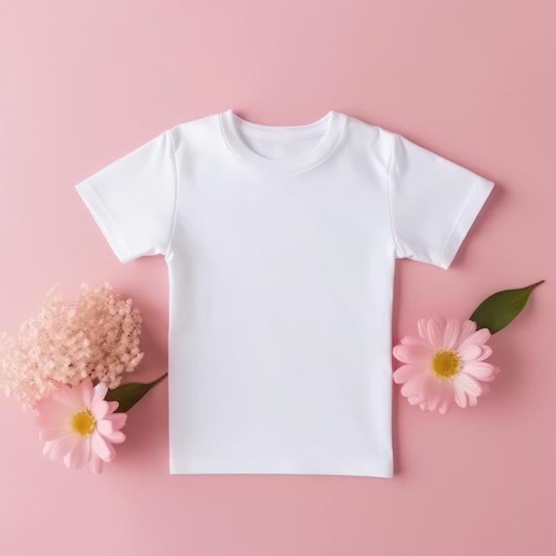 maquete de camiseta branca lisa para crianças fundo de flor rosa