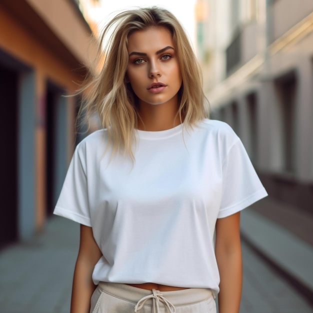 Maquete de camiseta branca para uma jovem mulher com fundo de rua