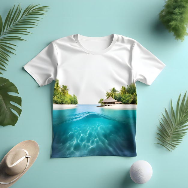 Maquete de camiseta com praia tropical em fundo azul