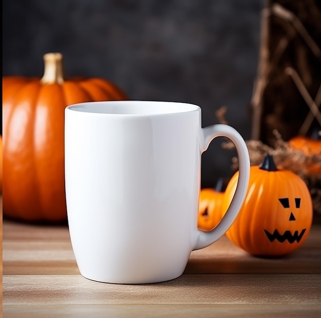 Maquete de caneca branca com abóboras de Halloween