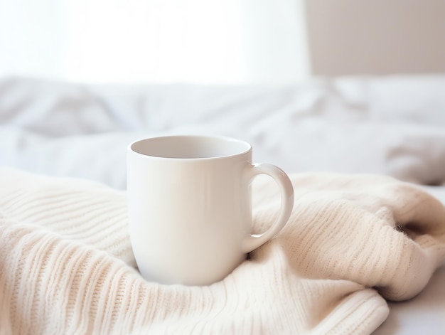 Maquete de caneca de café branca vazia em roupas de malha quentes no outono e inverno