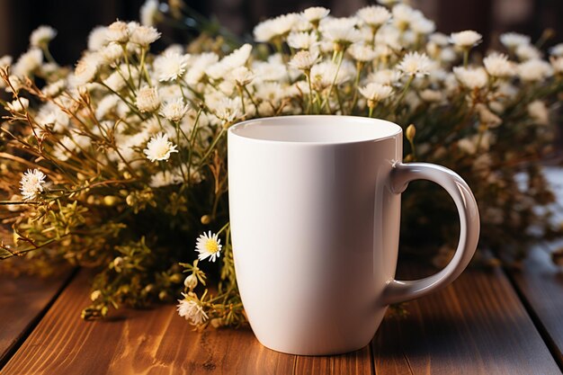 Maquete de caneca vazia caneca de café branco buquê rústico de camomila