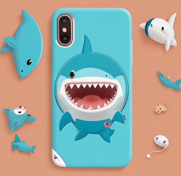 maquete de capa flexível para smartphone com personagem de tubarão fofo IA generativa