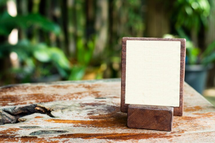 Foto maquete de carrinho de madeira para menu ou informações e anunciar na mesa de madeira texturizada.