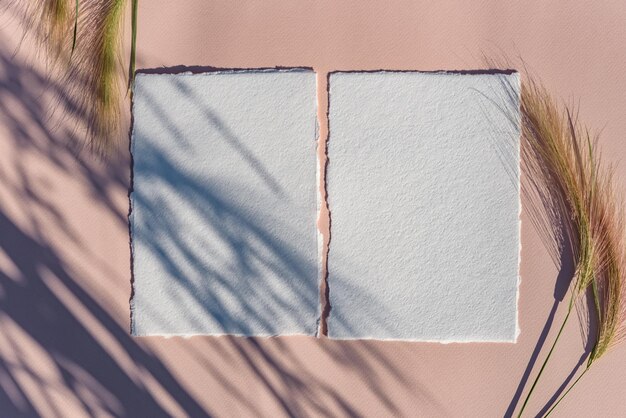 Maquete de cartão de convite de casamento Boho Vista superior Flatlay Style fotografia de stock Luz solar