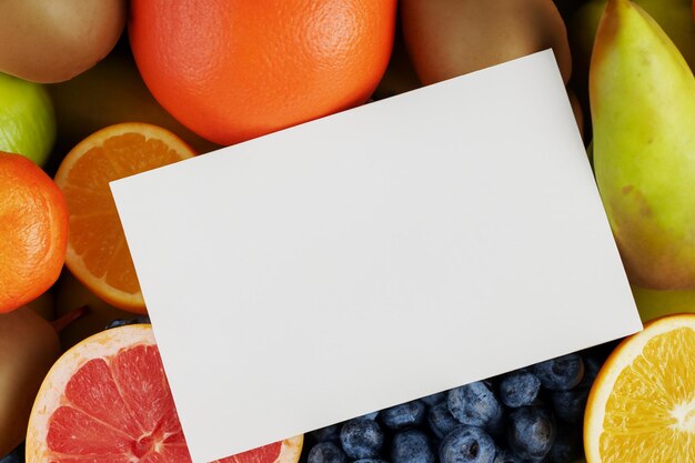 Maquete de cartão e papel branco harmonizada com frutas frescas criando uma sinfonia visual