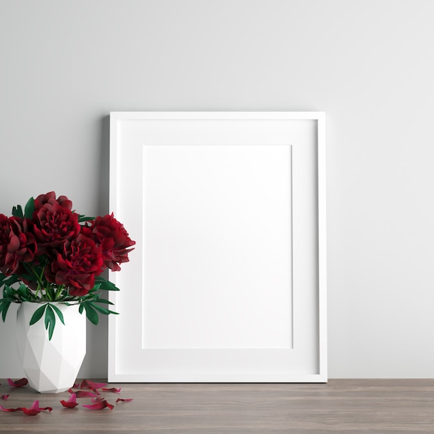 Maquete de cartaz com flores de rosas vermelhas em vaso branco