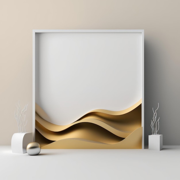 Maquete de cartaz de quadro em areia dourada interior de casa e ondas de prata AI Generaion