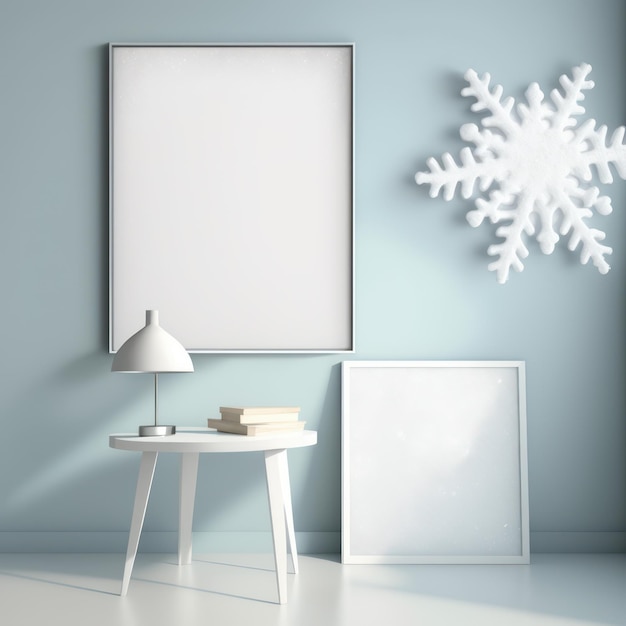 Maquete de cartaz de quadro em flocos de neve brilhantes interiores de casa em um país das maravilhas do inverno AI Generaion