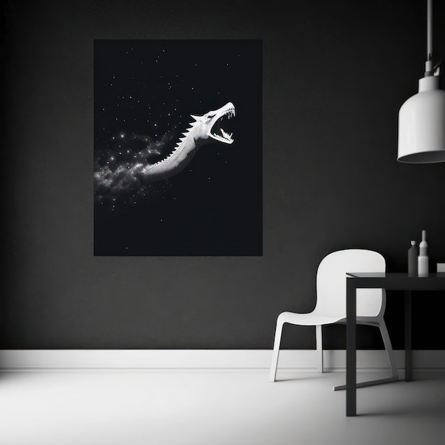 Maquete de cartaz de quadro no interior de casa dragão cuspidor de fogo voando através de um céu estrelado AI Generaion